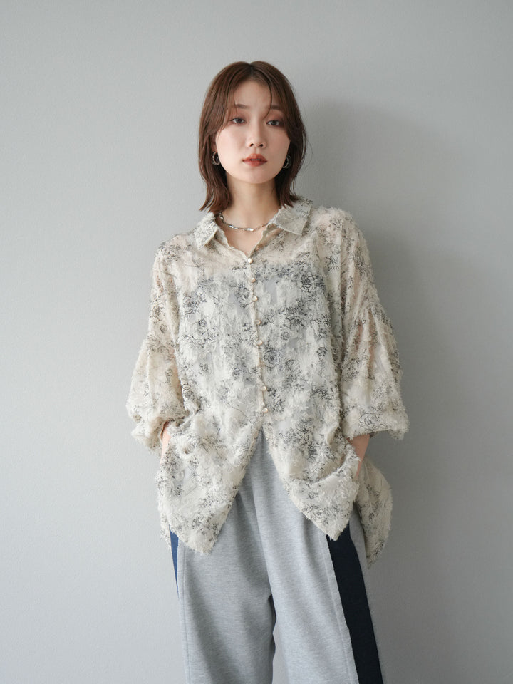 [予約]ニュアンスフリンジジャガードボリュームスリーブブラウス/ベージュ