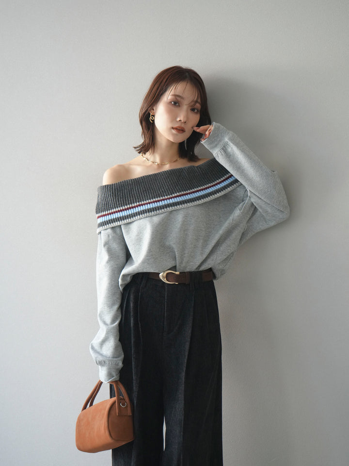 [予約]ボーダーニットオフショルダーxスウェットプルオーバー/gray
