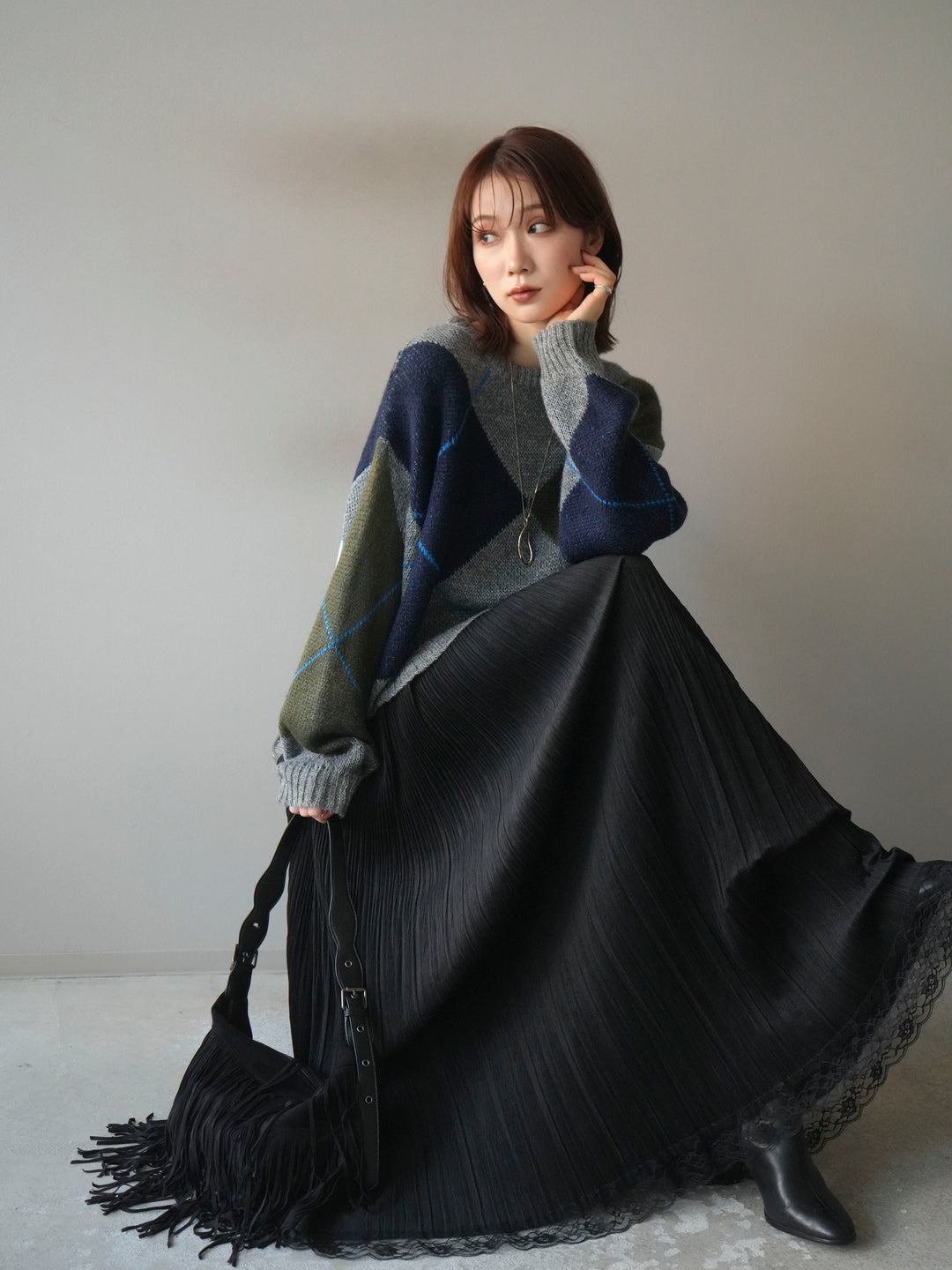 [SET]配色ステッチアーガイル柄ニットプルオーバー+配色ステッチアーガイル柄ニットプルオーバー(2set)