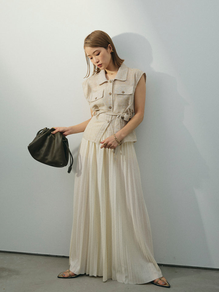 [SET]ミックスヤーンメッシュブラウス+ラインストーンプリーツスカート(2set)