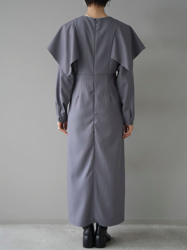 [Pre-order] Pinstripe Cape Design Dress/Gray