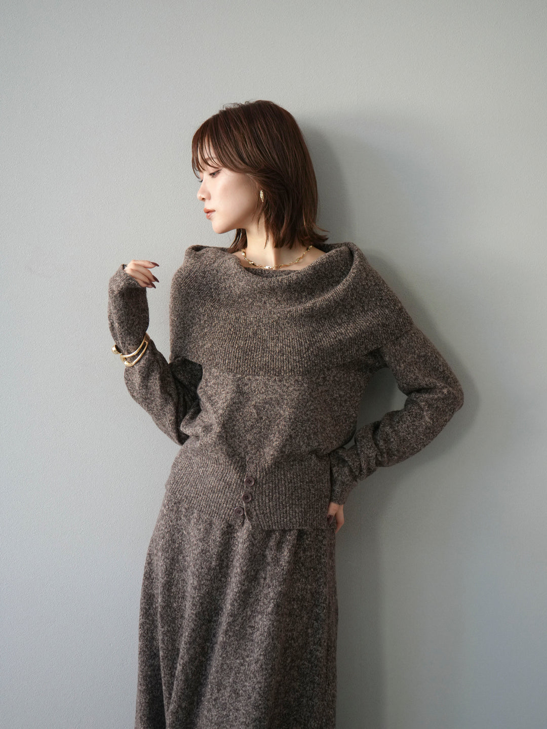 [予約]ミックスヤーンオフショルニットプルオーバー/ブラウン