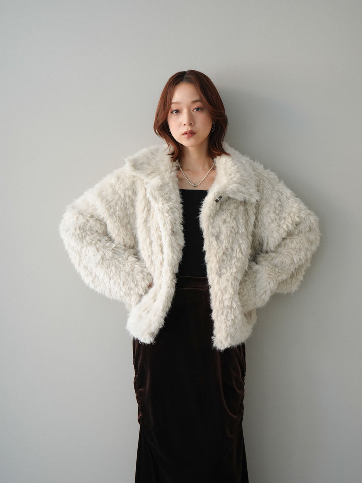 [SET]フェイクファー襟付きショートブルゾン+ギャザーベロアスカート(2set)