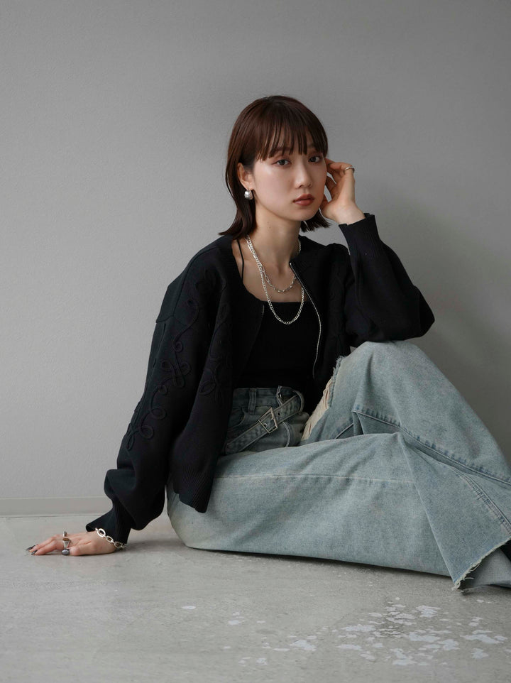 [SET]コード刺繍コットンニットジップカーディガン+ダブルストラップカットリブブラキャミソール+ベルトアシンメトリーダメージデニム(3set)