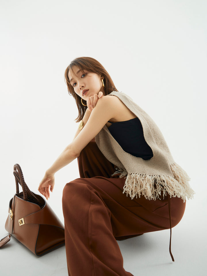 【Allure】[SET]フェザーヤーンニットベスト+ラップデザインタックワイドパンツ(2set)