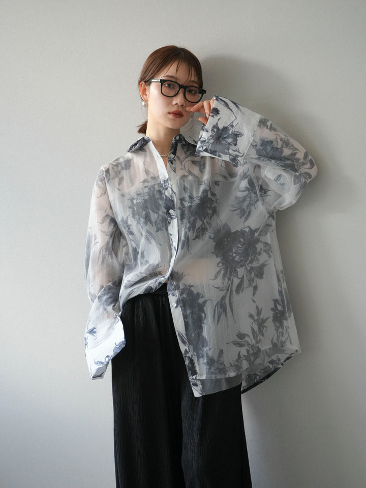 [予約]チュールドッキングフラワー柄オーバーサイズシャツ/グレー