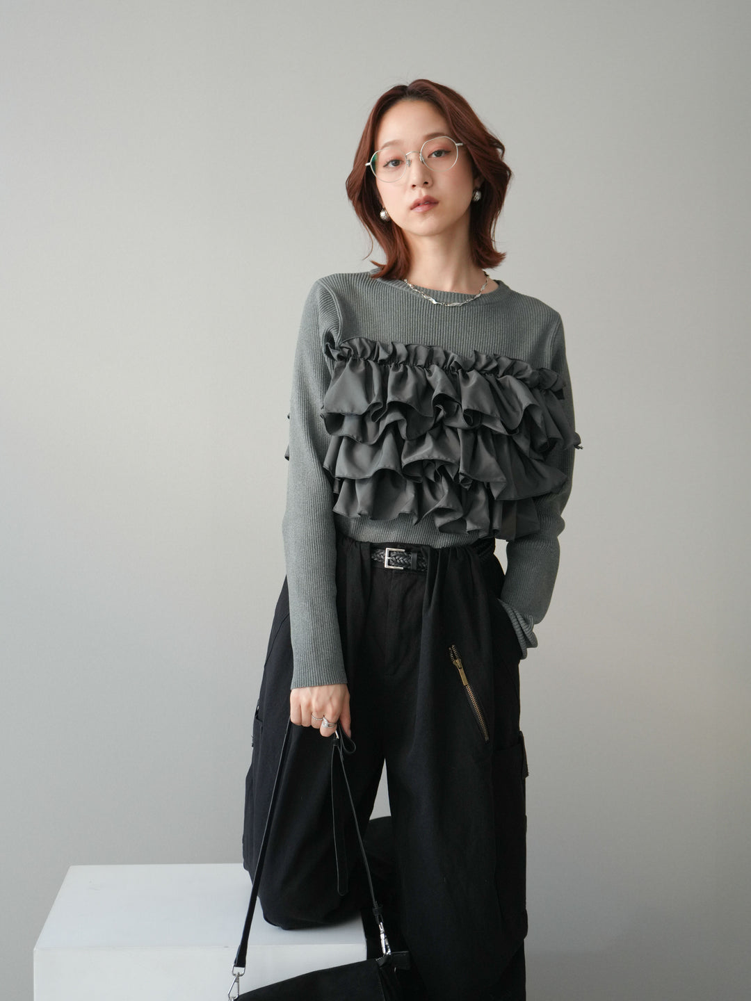 [SET]フリルビスチェドッキングスポンジニットプルオーバー+コットンタックループパンツ(2set)