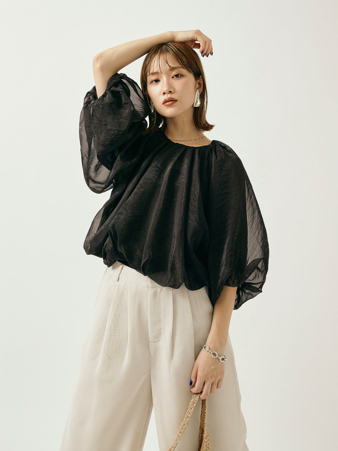 【Allure】[SET]オーガンジーバルーンショートブラウス+オーガンジーバルーンショートブラウス(2set)