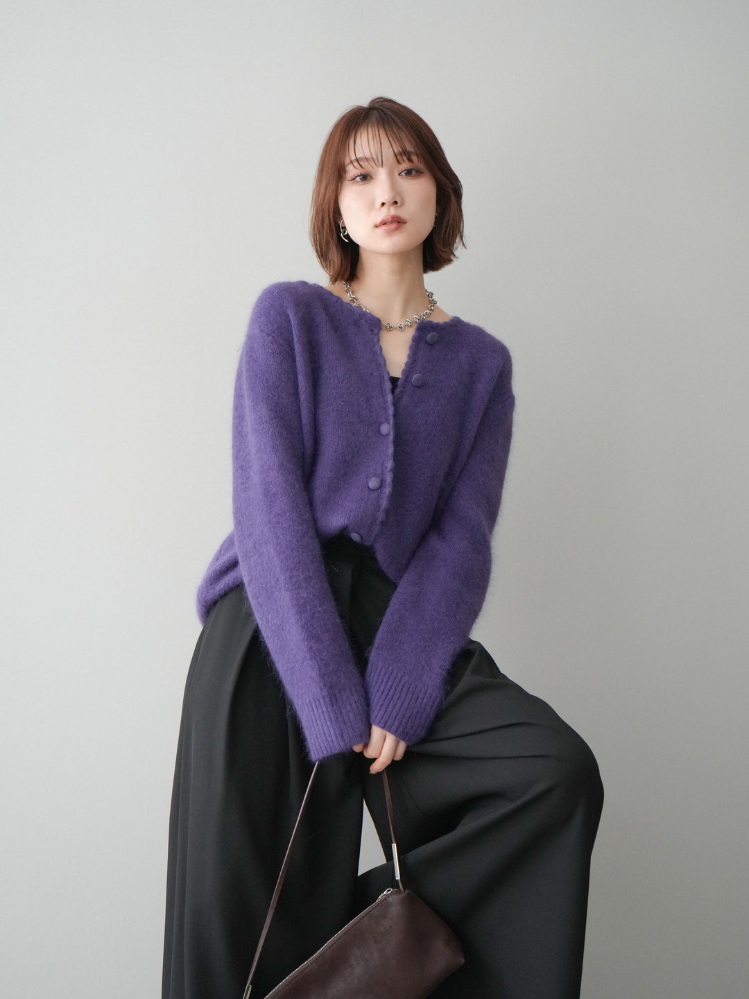 [予約]くるみボタンニットカーディガン/purple