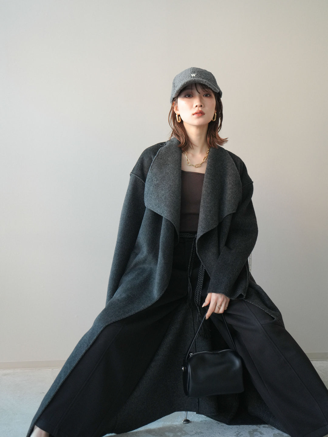 [予約]ダブルフェイスバイカラーロングコート/charcoal