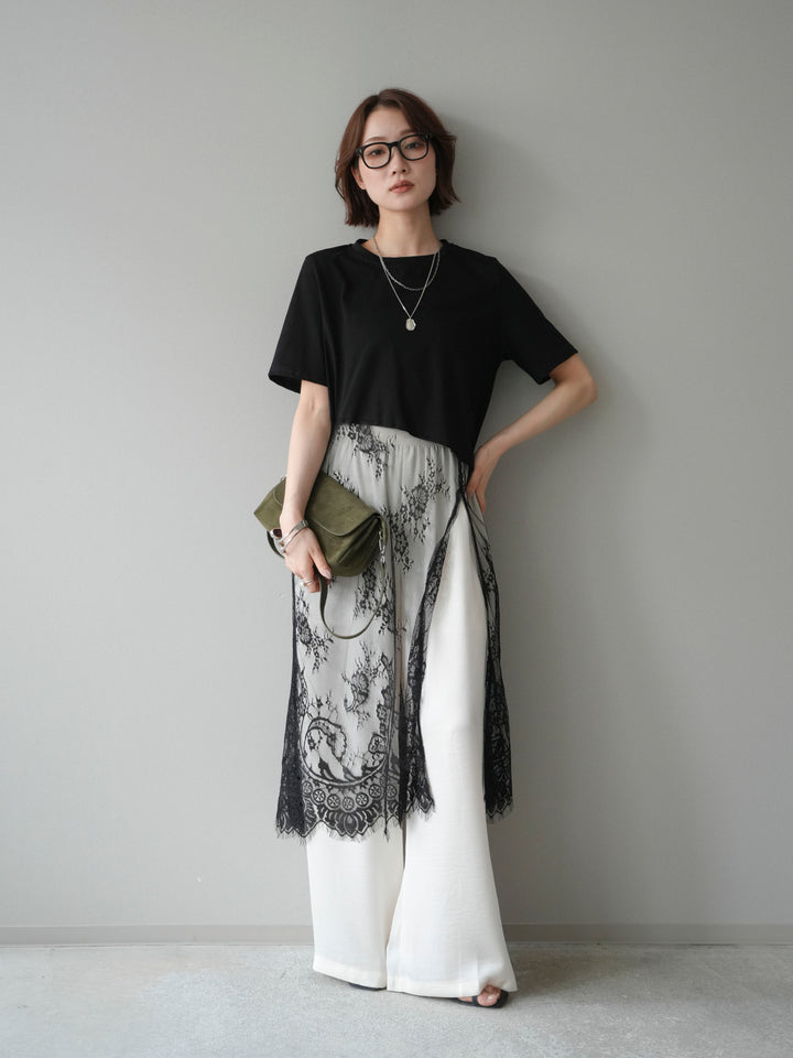 [SET]レースドッキングレイヤードワンピースTEE+とろみサテンイージーパンツ(2set)
