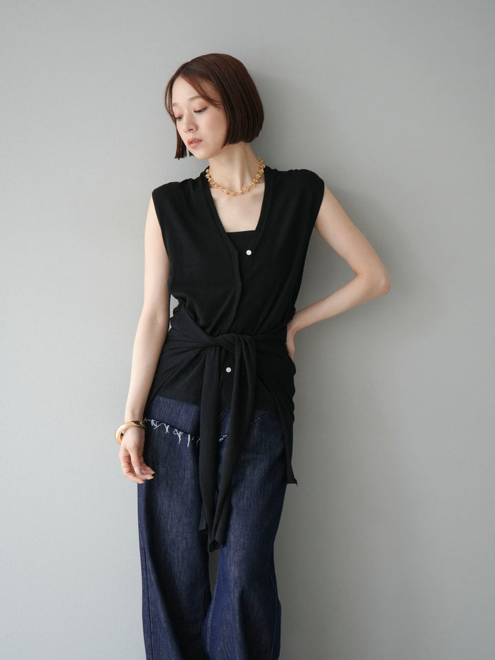 [SET]腰巻きデザインノースリーブニットカーディガン+ヒップデザインデニムパンツ(2set)