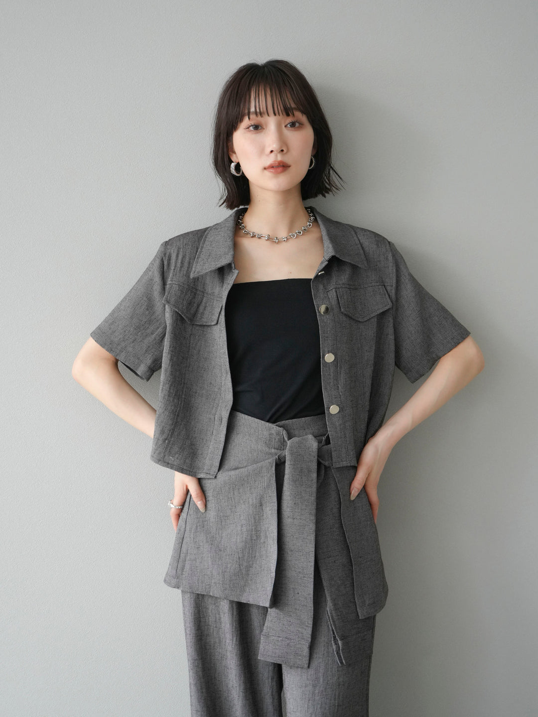 [SET]リネンタッチハーフシャツ＆ラップワイドパンツSET UP(2set)