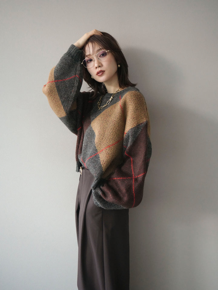 [予約]配色ステッチアーガイル柄ニットプルオーバー/charcoal