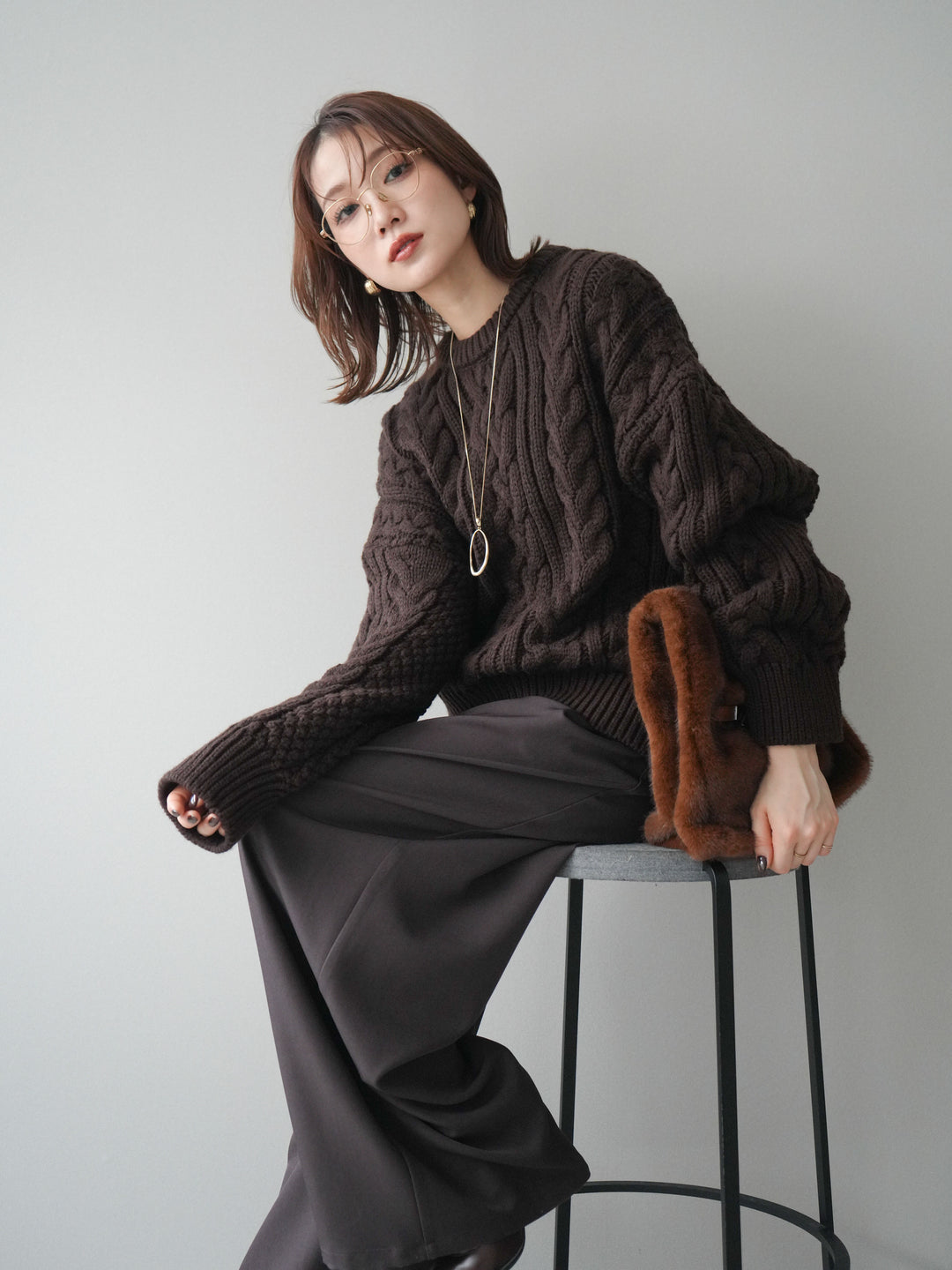 [SET]ボリュームケーブルニットプルオーバー+ベルトループデザインワイドパンツ(2set)