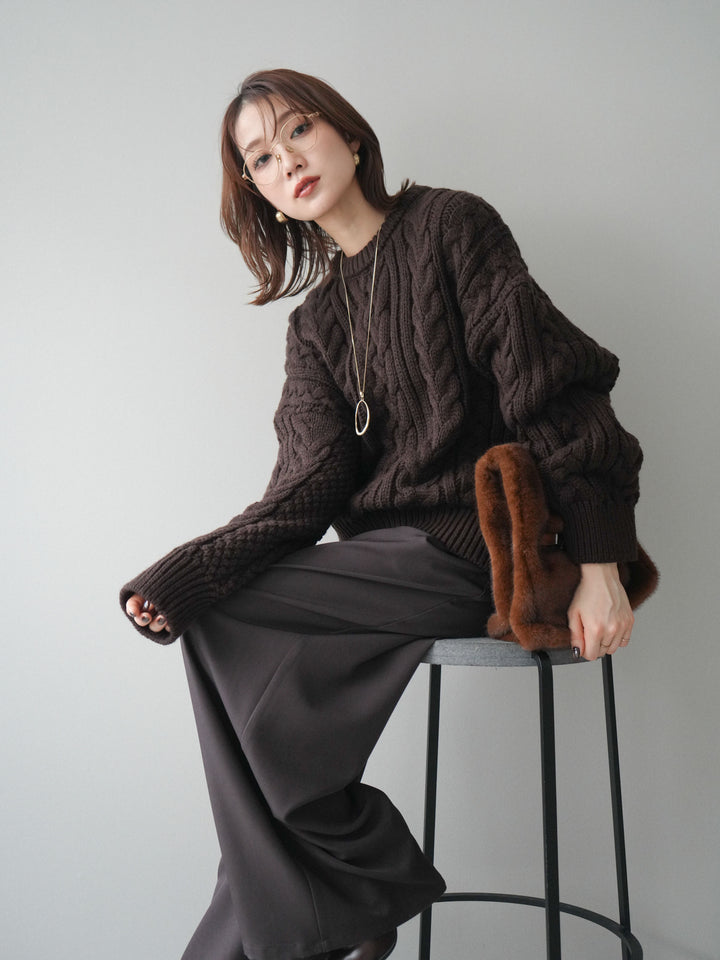 [SET]ボリュームケーブルニットプルオーバー+ベルトループデザインワイドパンツ(2set)