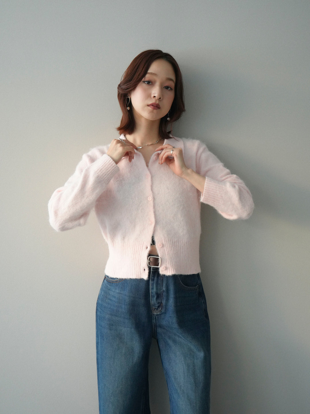 [SET]モヘア衿付きボタンプルオーバー+裏起毛裾フリンジワイドデニムパンツ(2set)