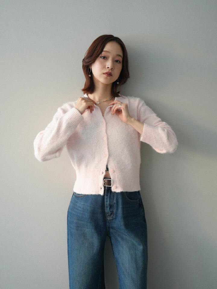 [SET]モヘア衿付きボタンプルオーバー+裏起毛裾フリンジワイドデニムパンツ(2set)