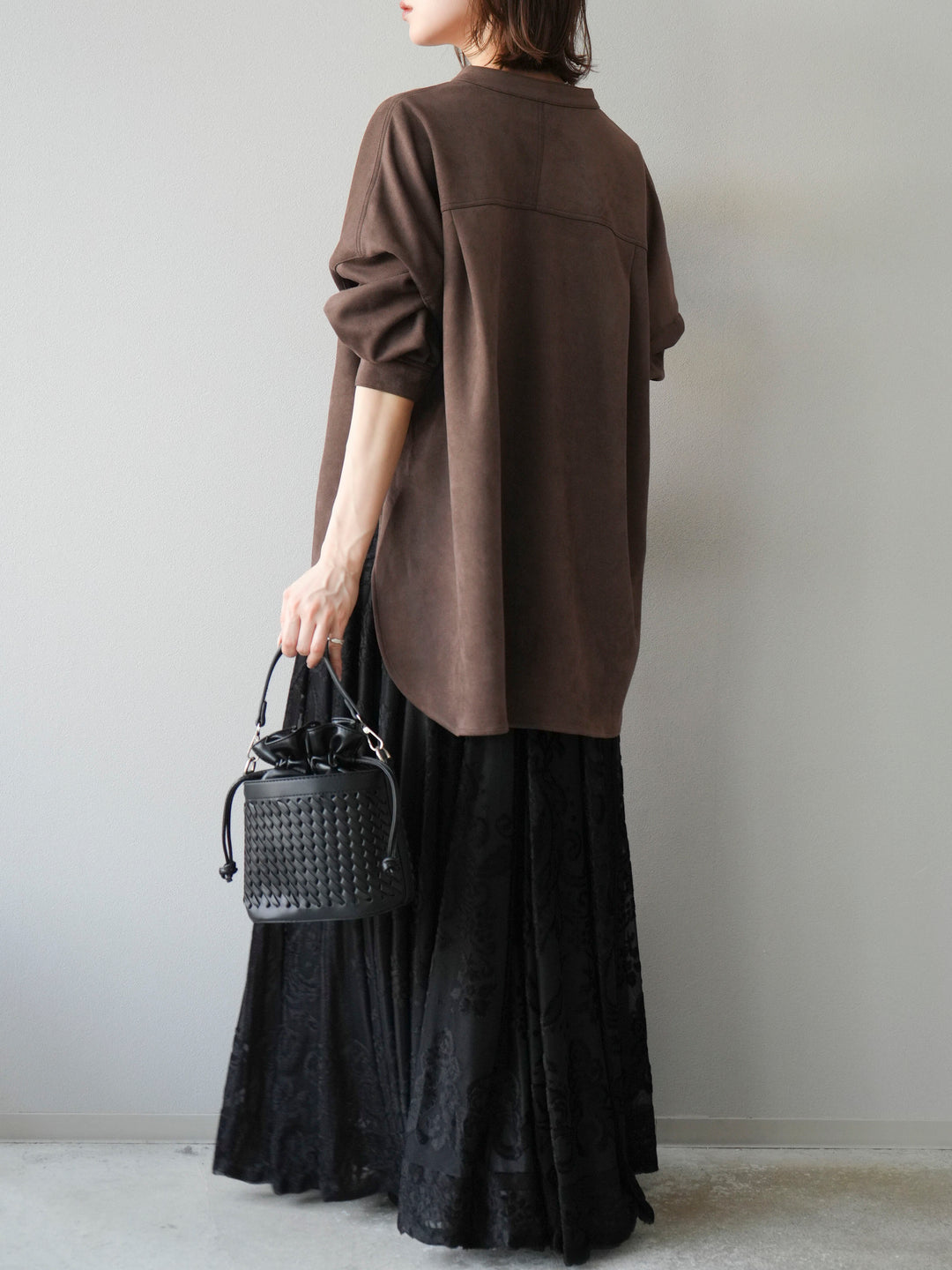 [SET]スエードバンドカラーオーバーシャツ+アンティーク柄フロッキーマキシスカート(2set)