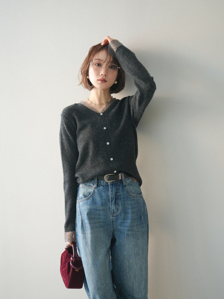 [SET]ドットチュールレイヤードボタンニットトップス+選べるアクセセット(2set)