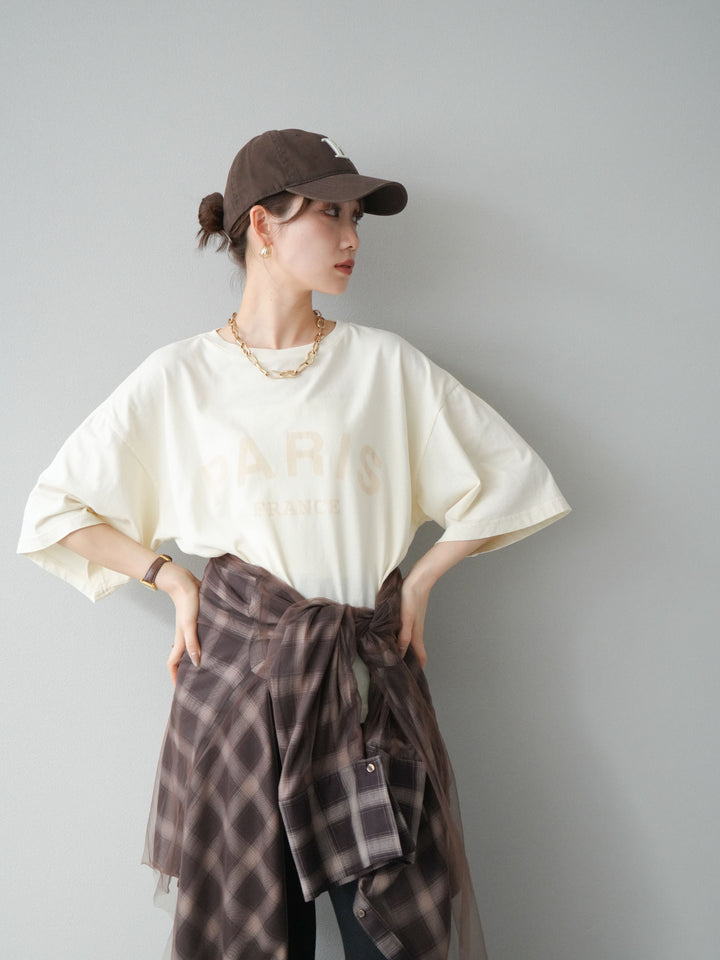 [SET]ピグメントロゴプリントTシャツ+2WAYデザインスウェットパンツ+チュールドッキングチェック柄オーバーサイズシャツ(3set)