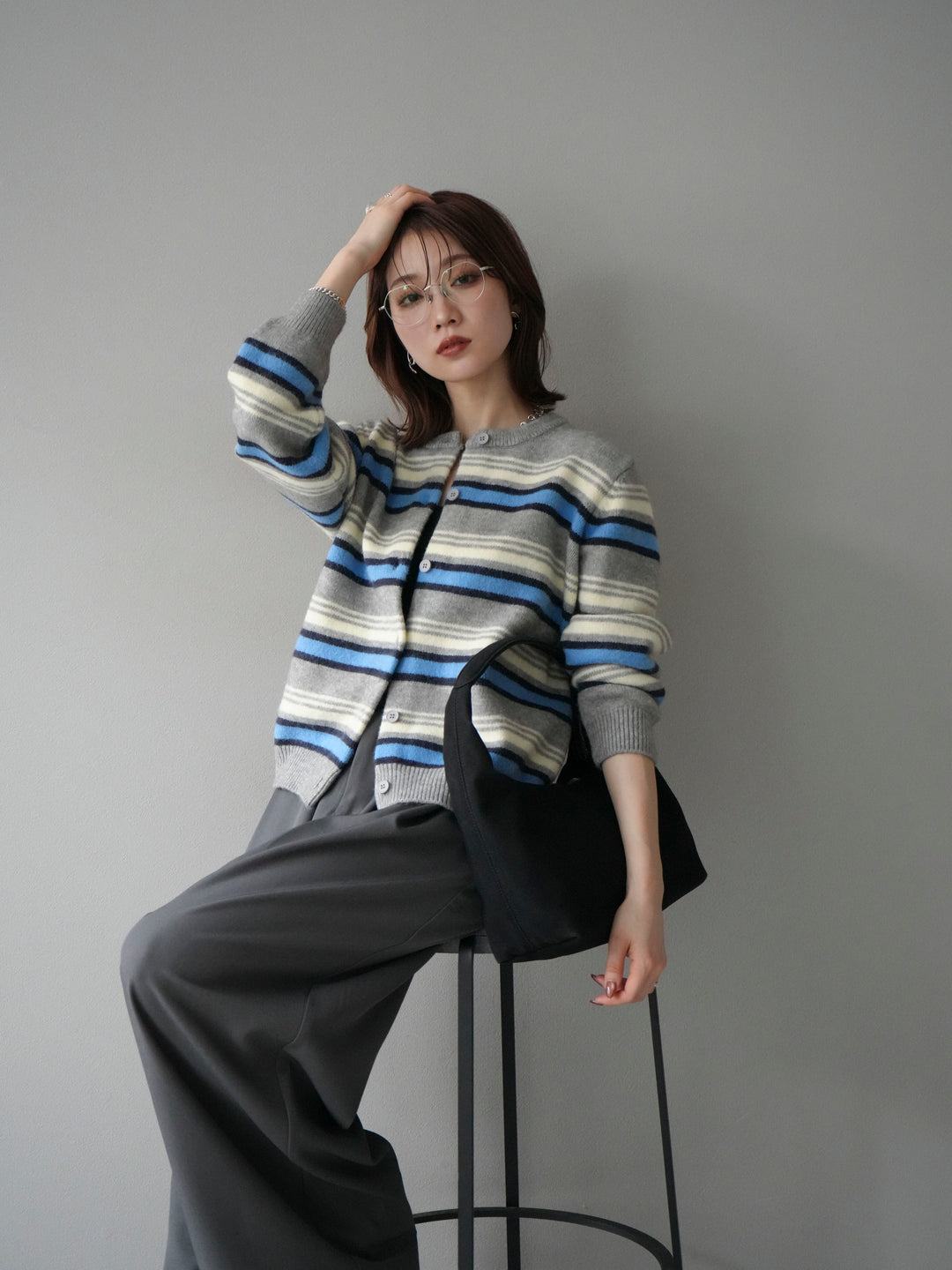 [SET]マルチボーダーニットカーディガン+ベルトループデザインワイドパンツ(2set)