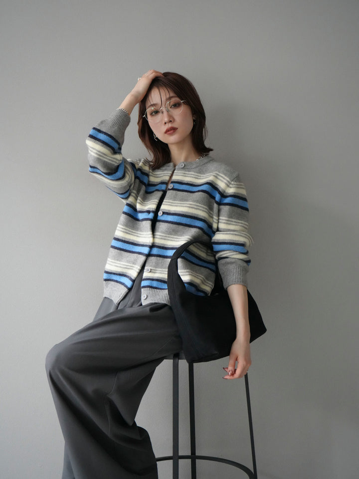 [SET]マルチボーダーニットカーディガン+ベルトループデザインワイドパンツ(2set)