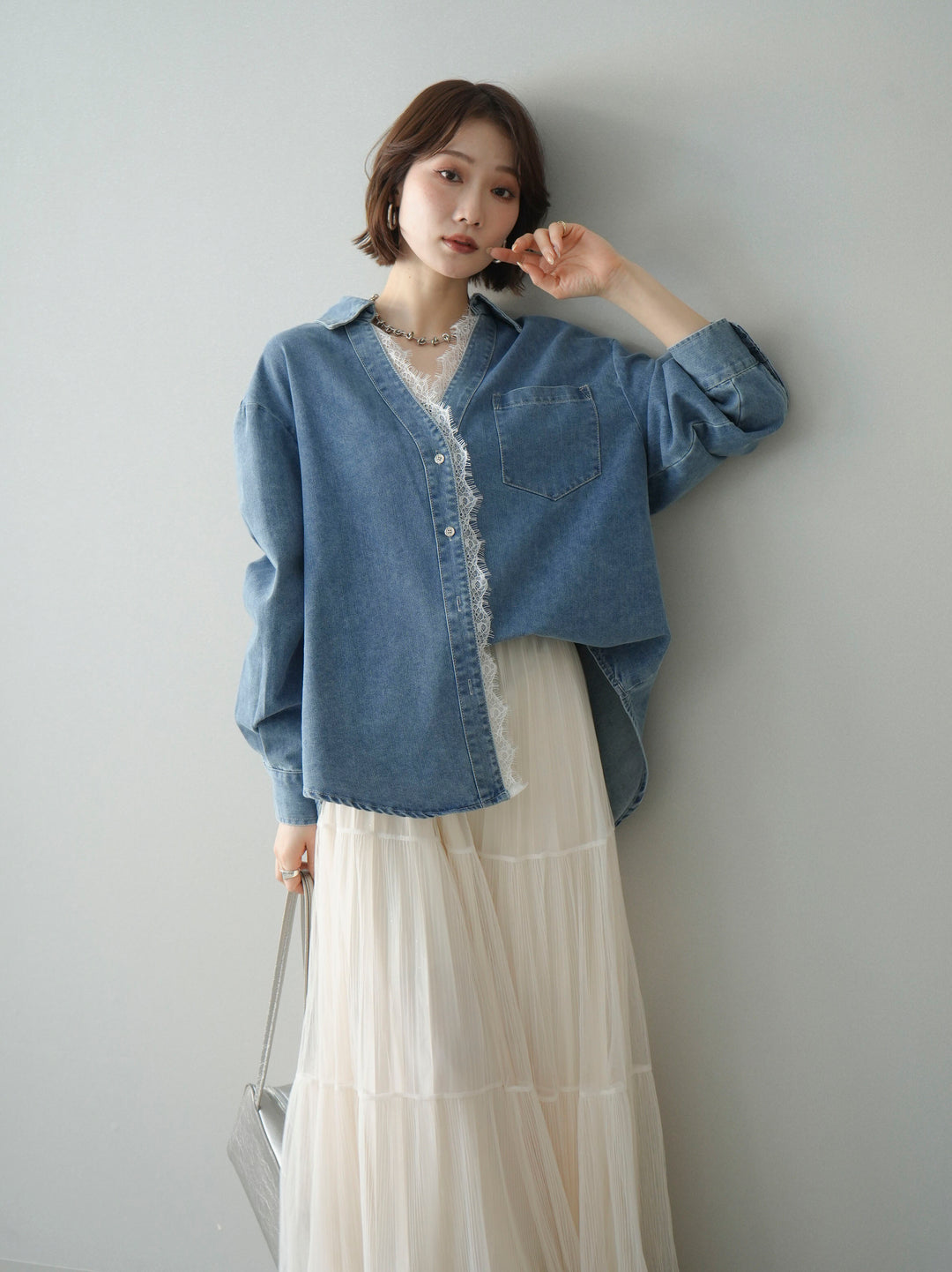 [SET]レースレイヤードデニム開襟シャツ+選べるアクセセット(2set)