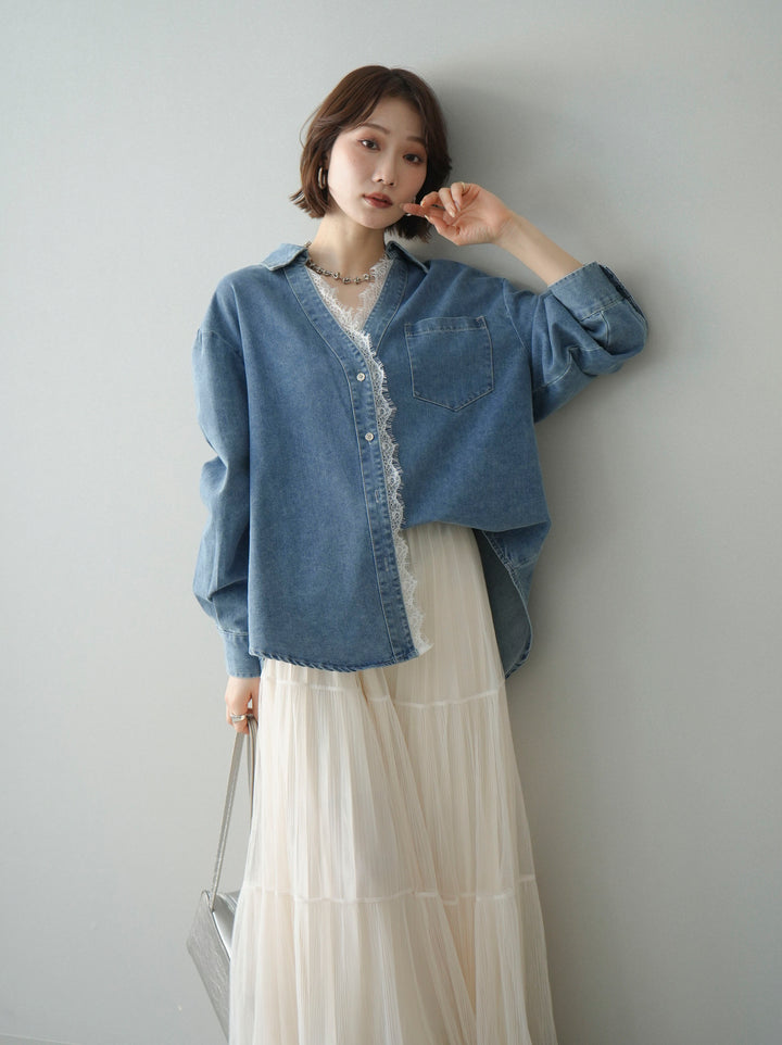 [SET]レースレイヤードデニム開襟シャツ+選べるアクセセット(2set)