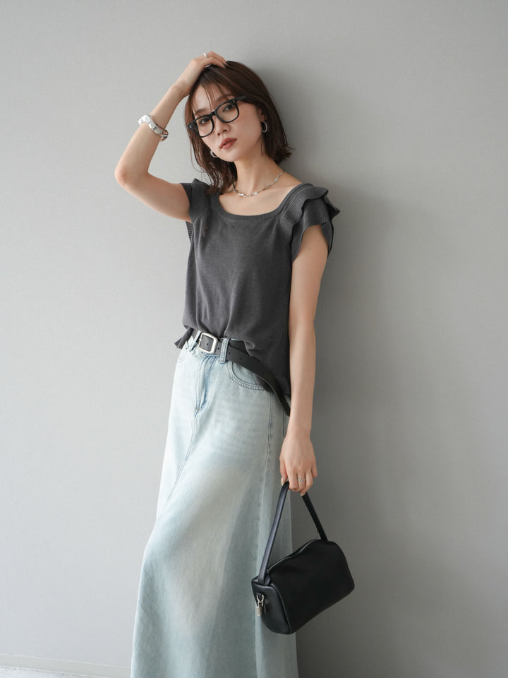 [予約]リネンタッチフリルニットタンクトップ/チャコール