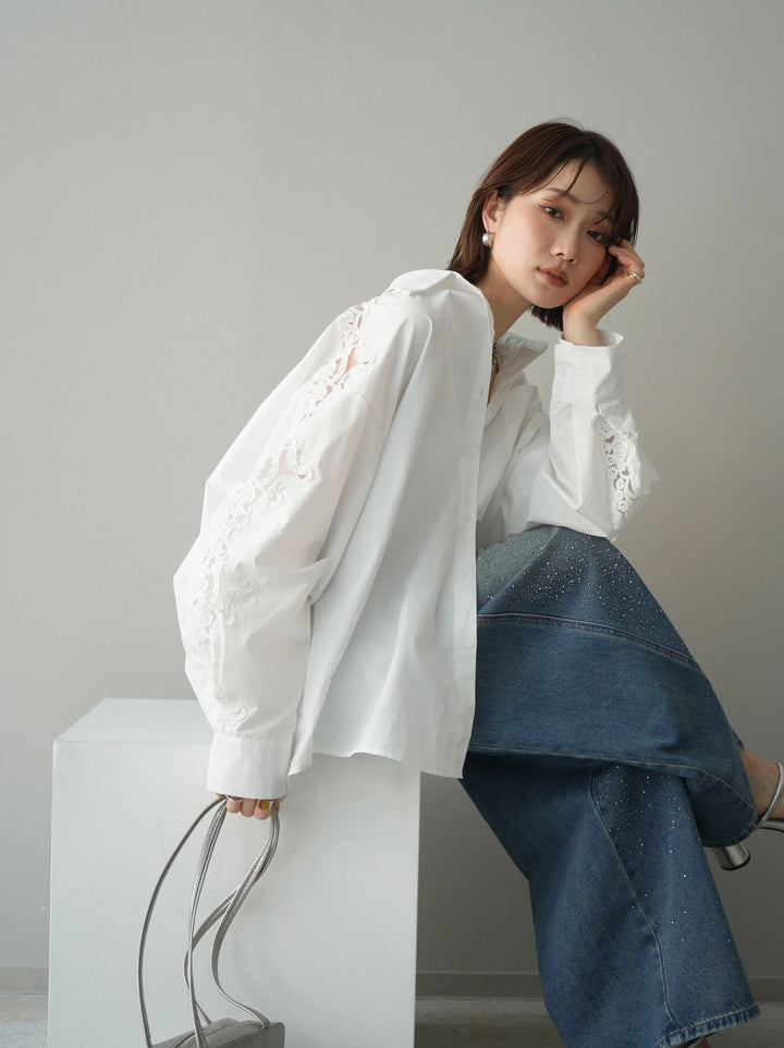 [SET]アームレースブロードシャツ+フロントビジューカーブデニムパンツ(2set)