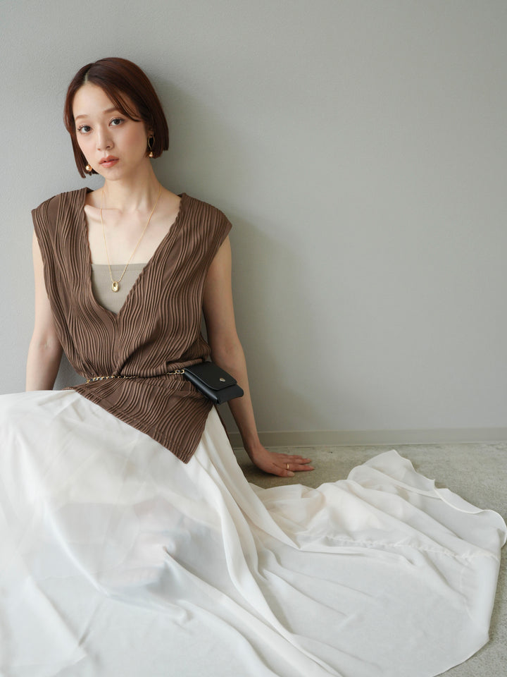 [SET]ウェーブパイピングVネックベスト+シフォンフレアスカート(2set)