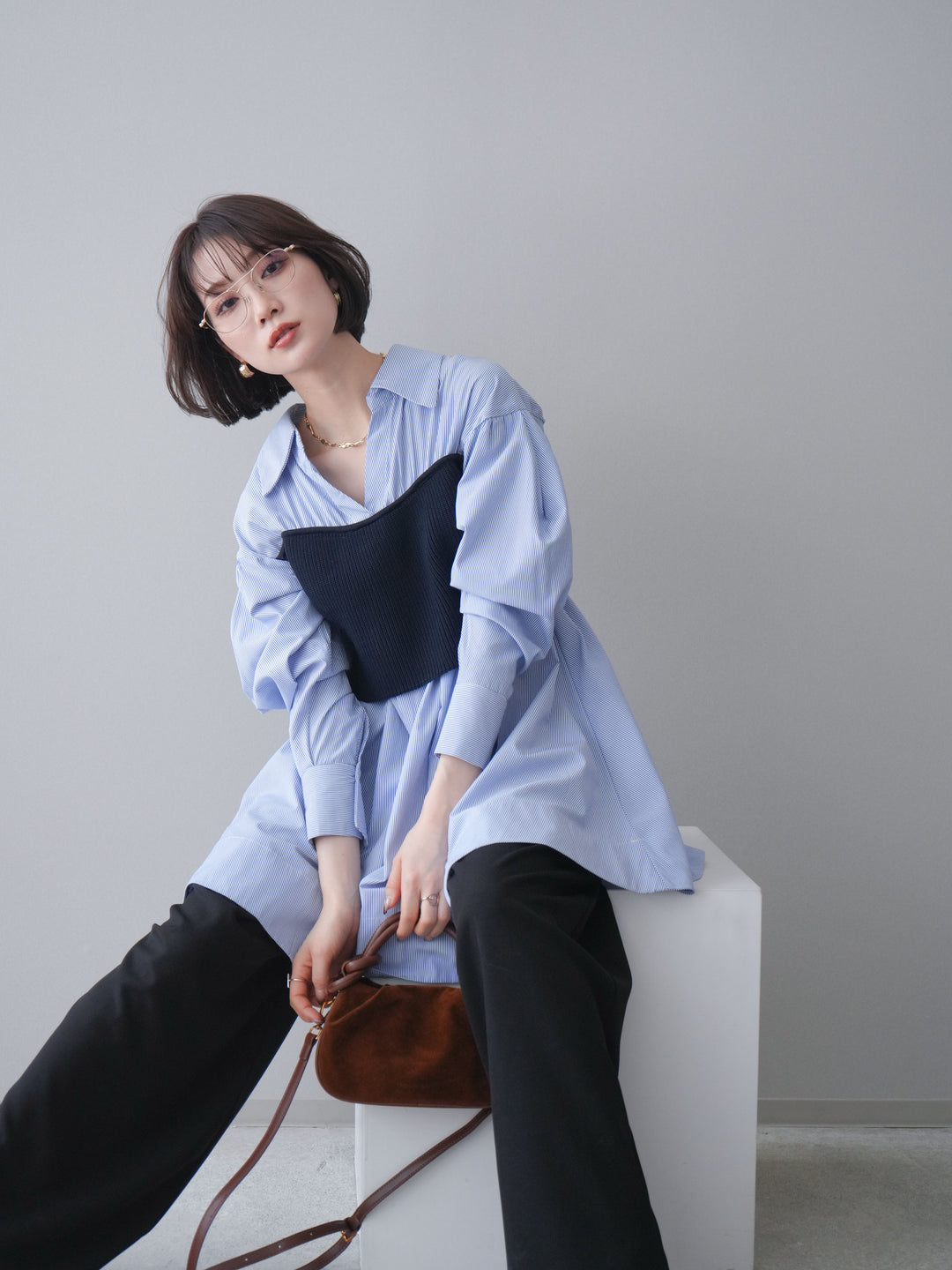 [予約]ニットビスチェドッキングフレアシャツチュニック/stripe