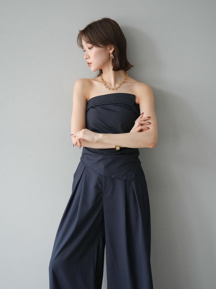 [SET] 條紋褶襉露肩上衣＆寬褲 SET UP (2set)