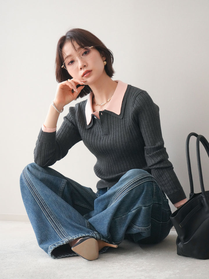 [予約]ダブル襟ポロリブニットトップス/charcoalgray