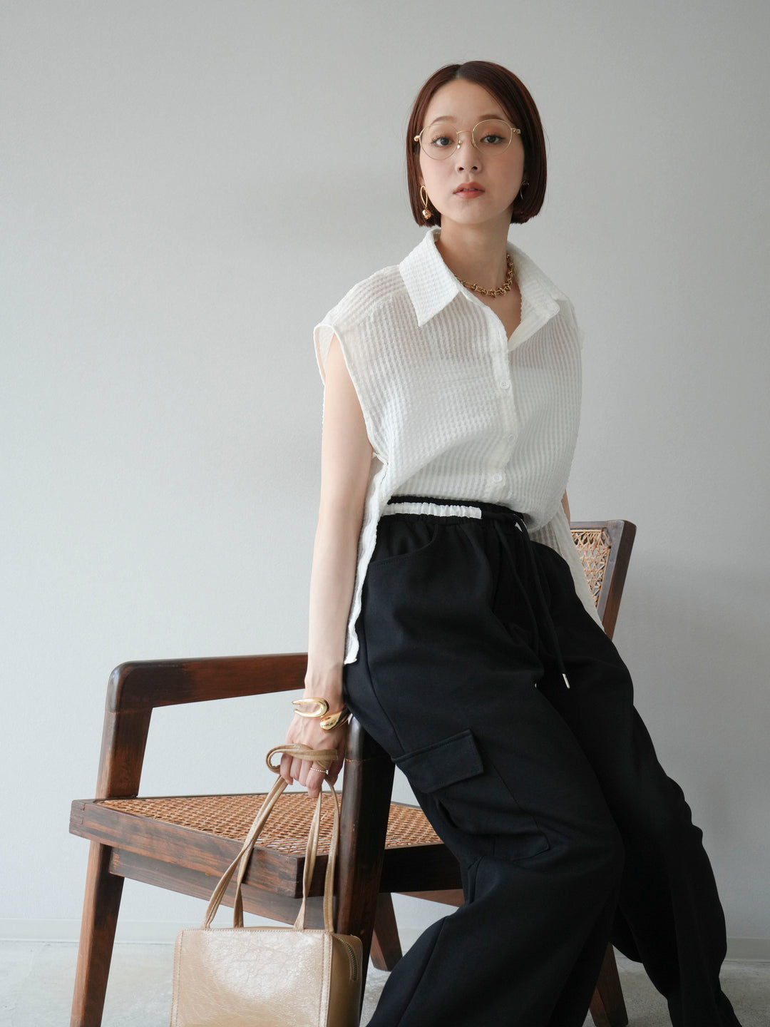 [SET]シアーチェックノースリーブシャツ+ウエストラインサイドポケットスウェットパンツ(2set)