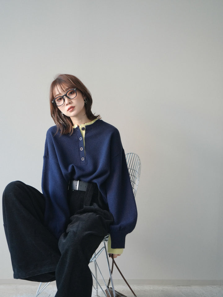 [予約]ヘンリーネック配色レイヤードニットプルオーバー/navy