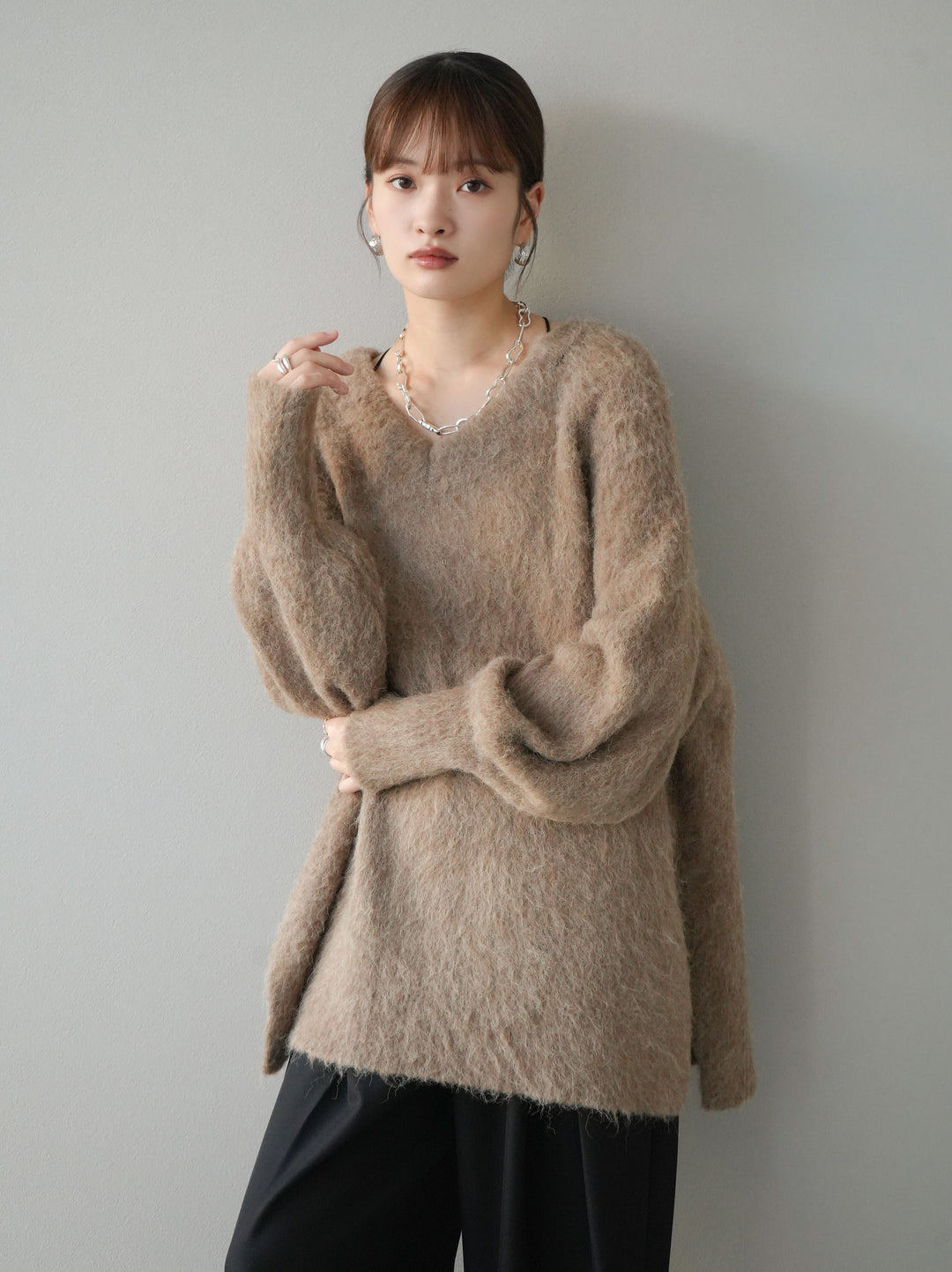 [予約]Vネックオーバーモヘアニットプルオーバー/モカ