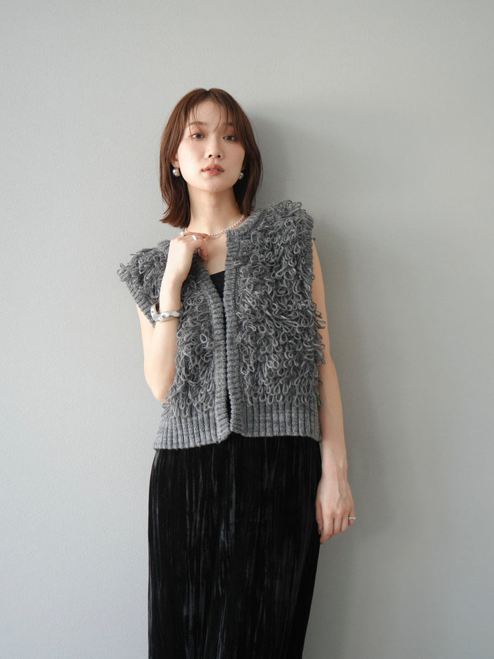 [SET]レザー襟オンブレチェックオーバーシャツ +ループデザインホックベスト +クラッシュベロアナロースカート(3set)