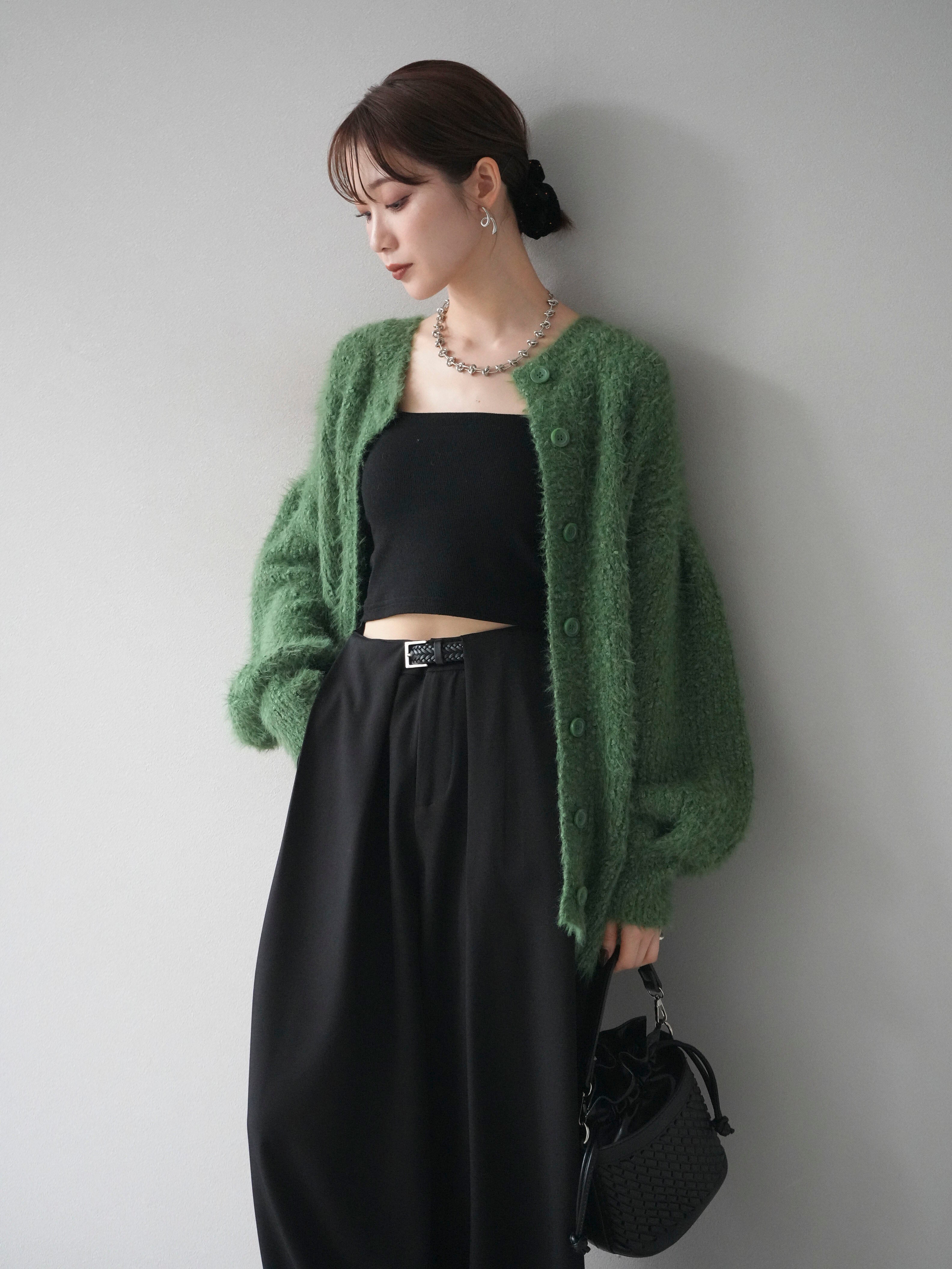 予約]クルーネックランダムシャギーカーディガン/グリーン – Lumier
