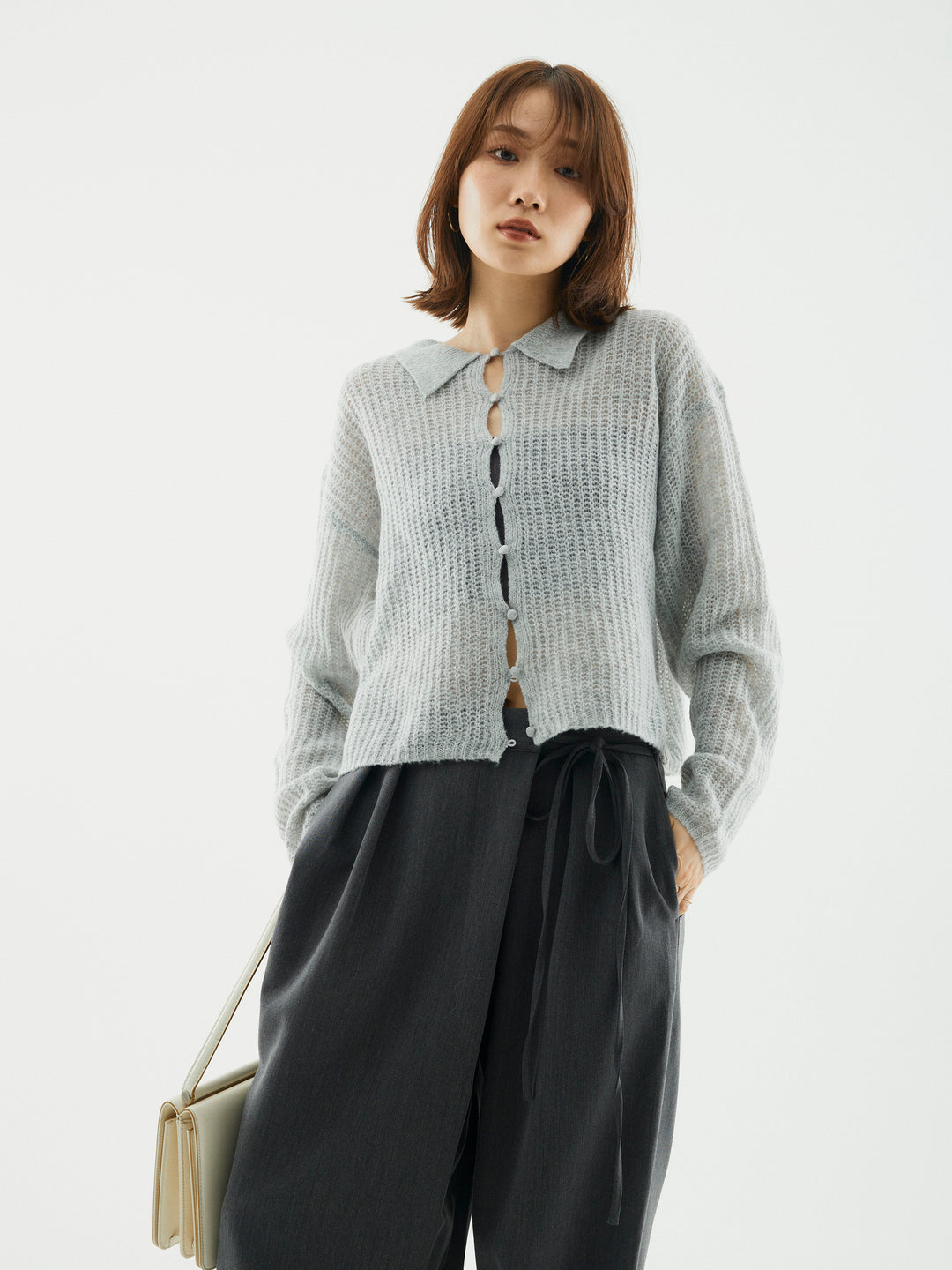 [予約]起毛片畦編みシアーポロニット/グレー