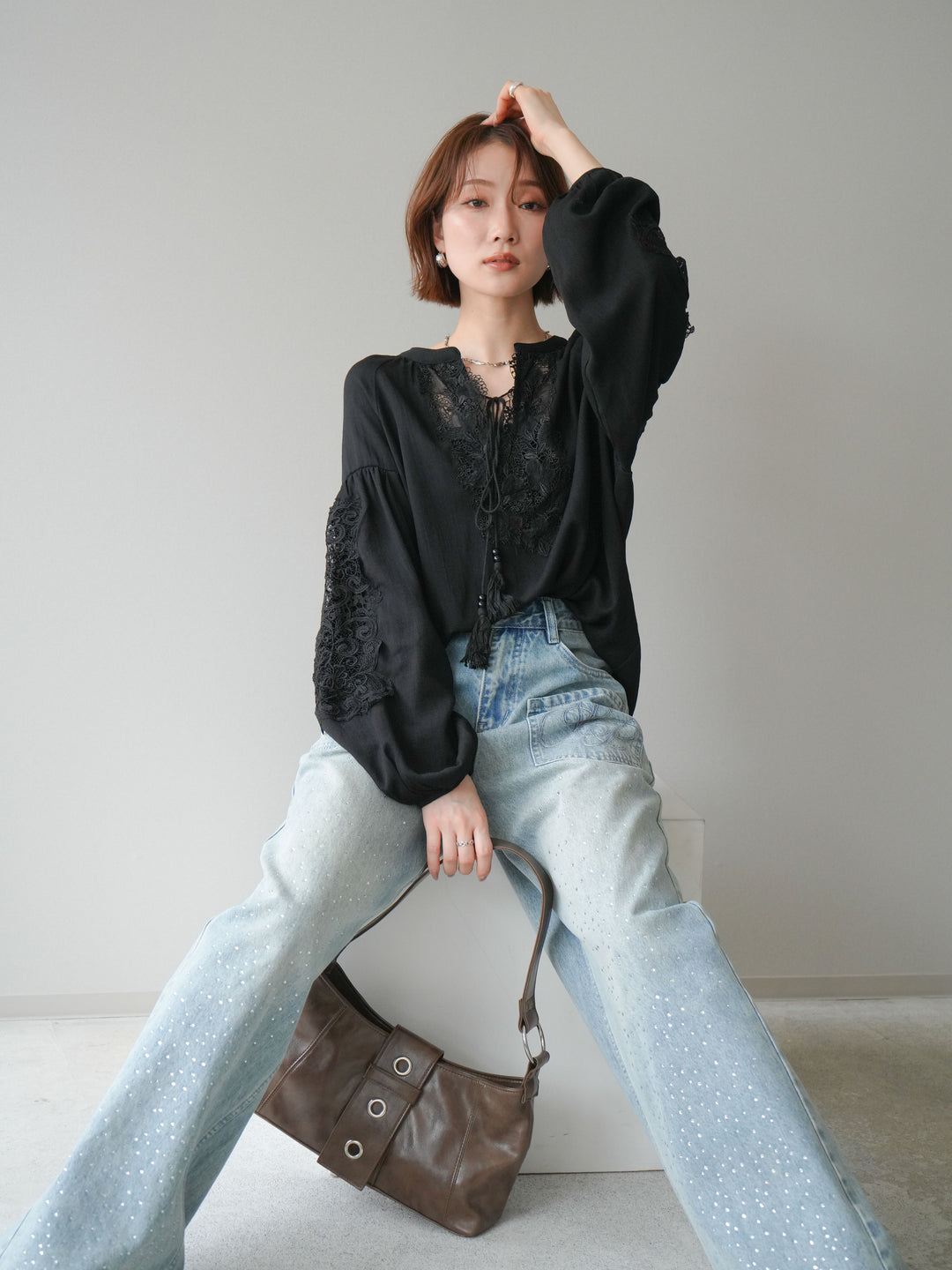 [予約]レーススリーブスキッパーブラウス/black