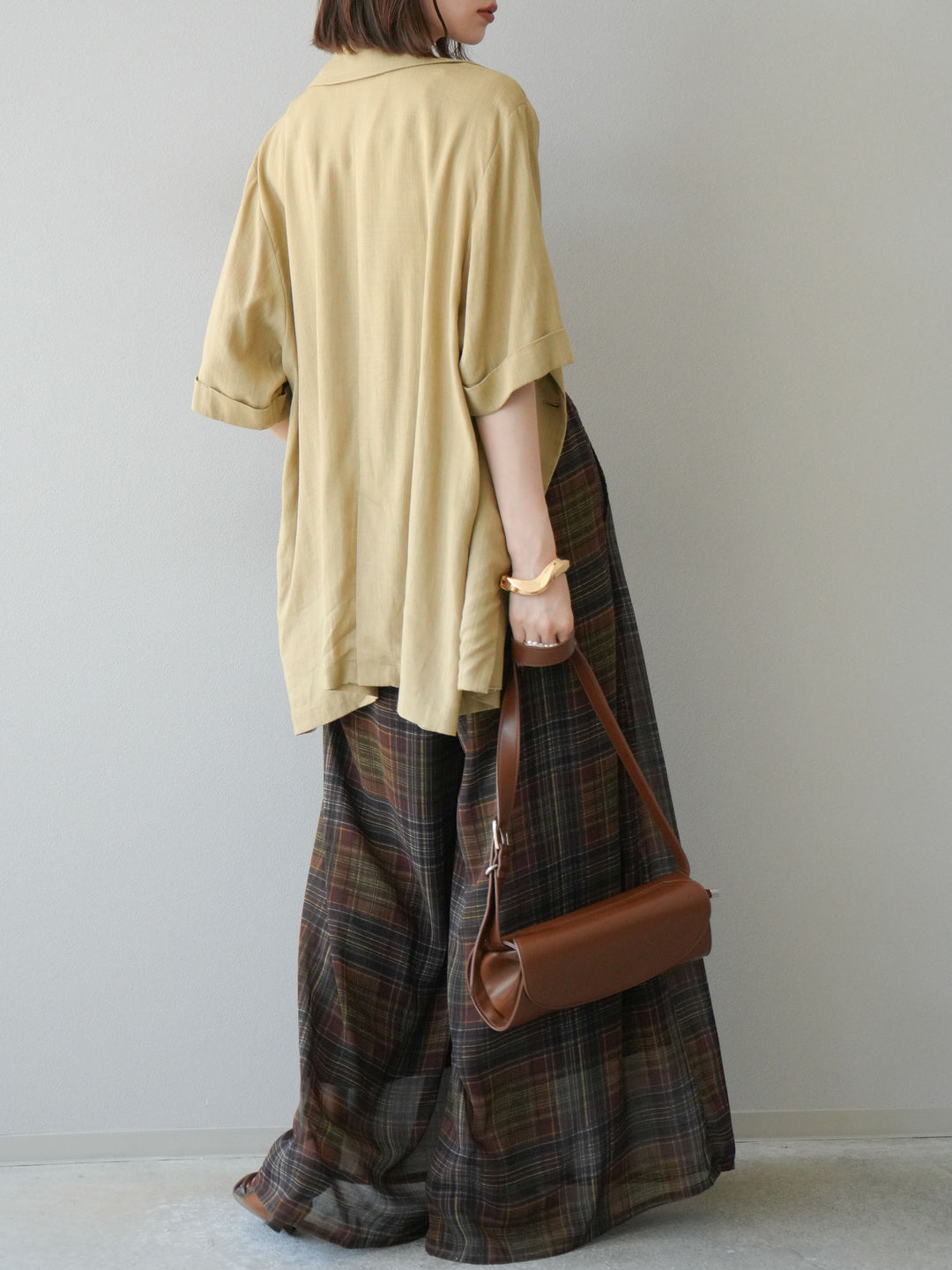[預購] 透視格紋寬鬆褲/棕色