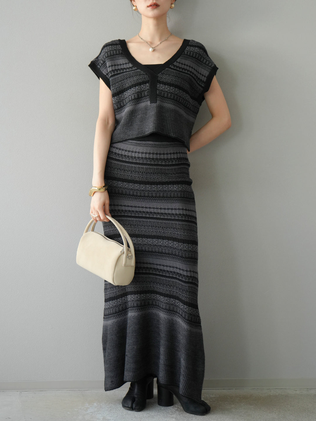 [予約]ガーター編み2WAYニットベスト/グレー×ブラック