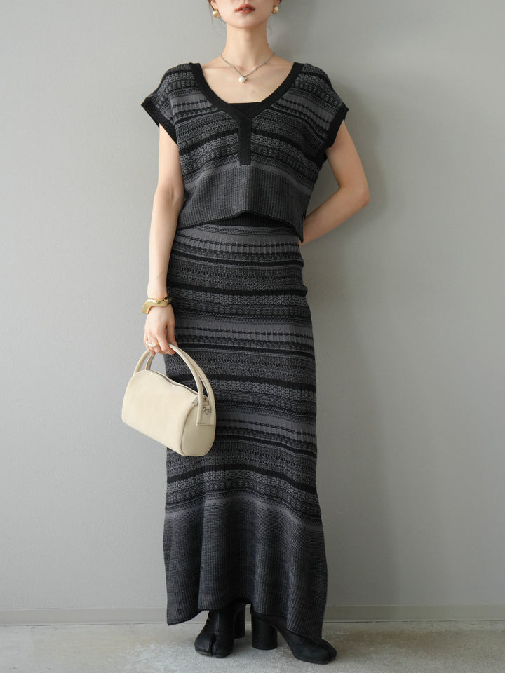 [予約]ガーター編み2WAYニットベスト/グレー×ブラック