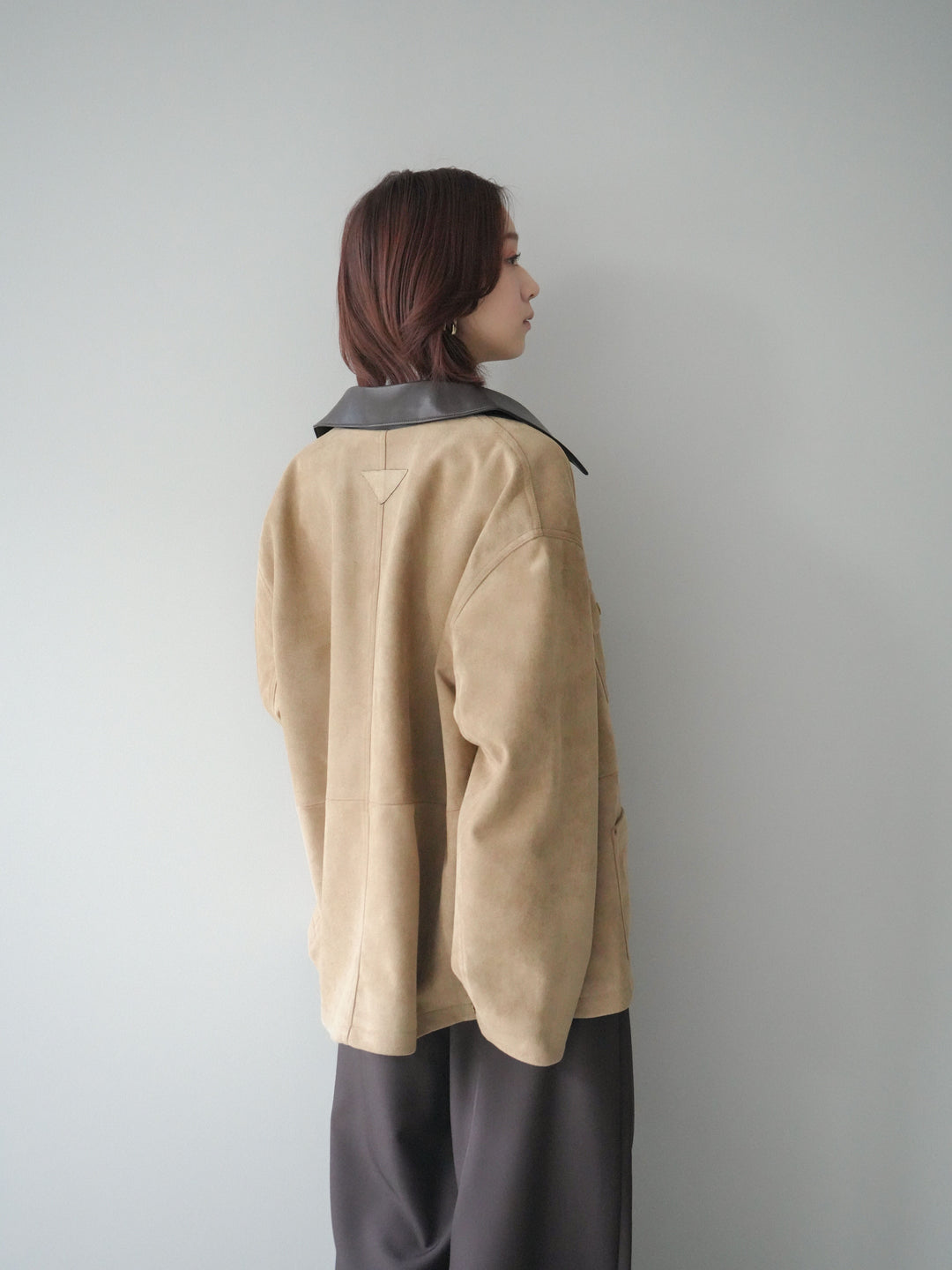 [SET]襟レザーステンカラースエードジャケット+袖ボタンボトルネックリブニットトップス+ベルトループデザインワイドパンツ(3set)