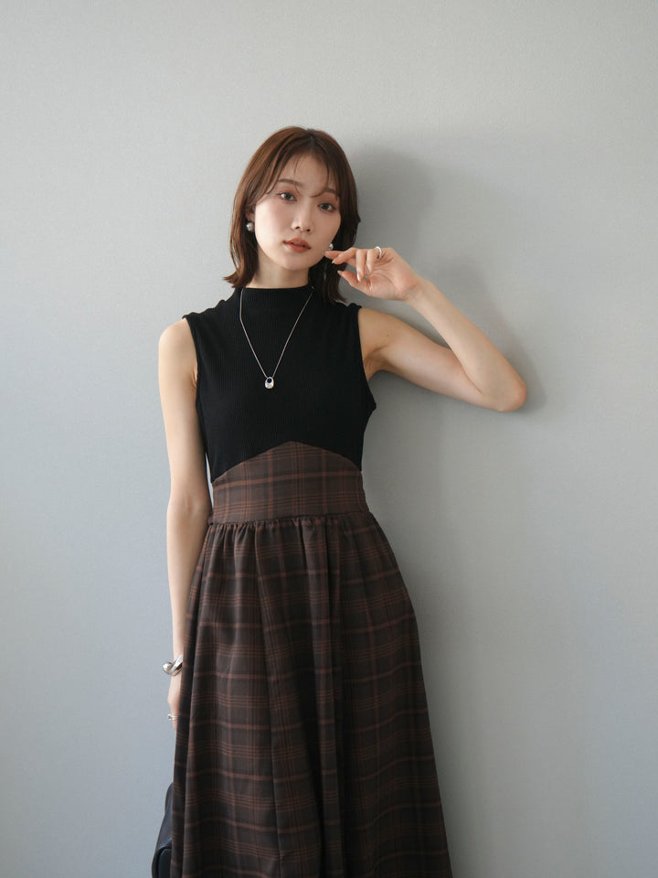 [予約]テレコ×チェックドッキングノースリワンピース/ブラック×ブラウン