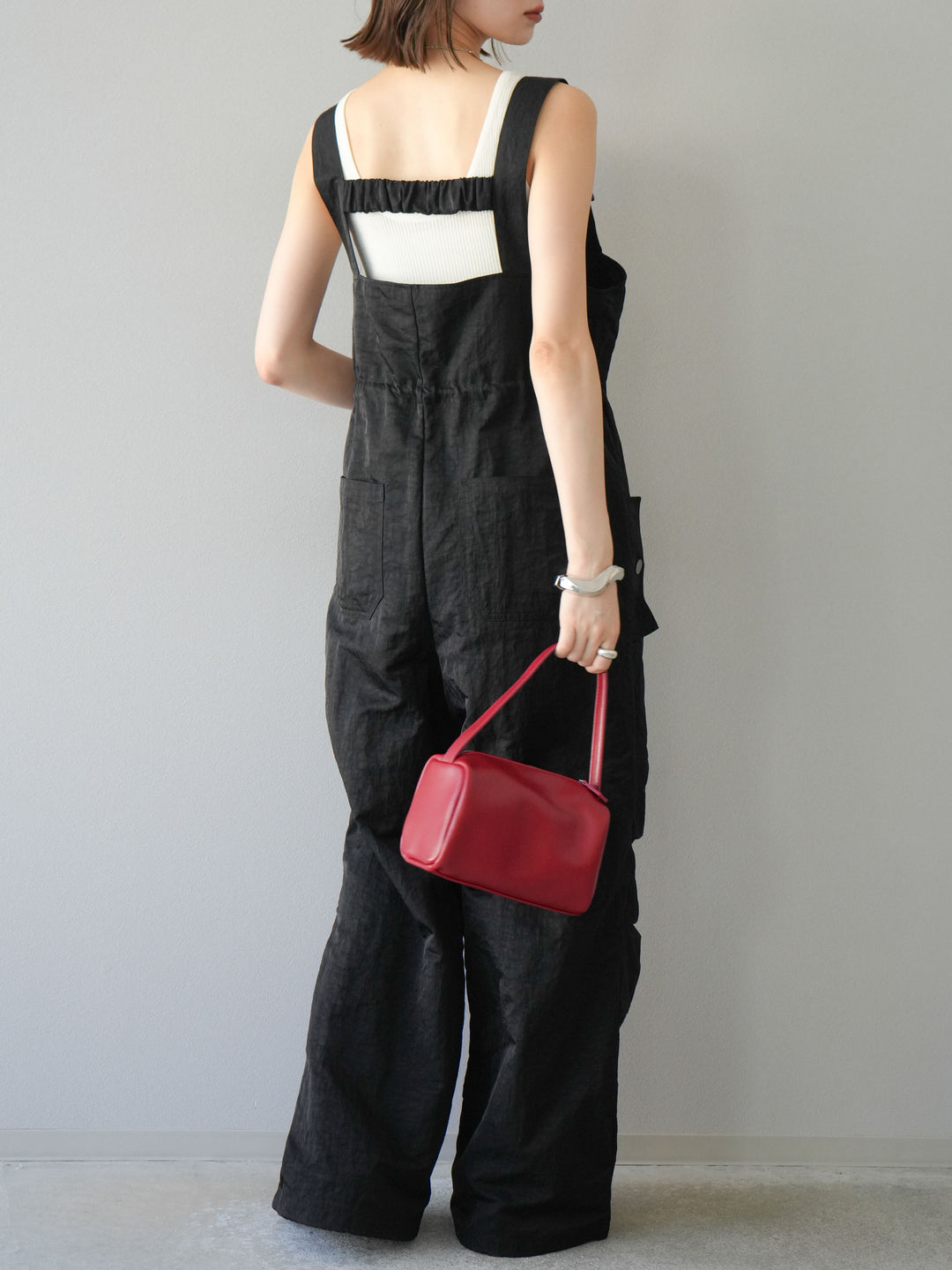 [予約]ナイロンタックデザインサロペット/ブラック