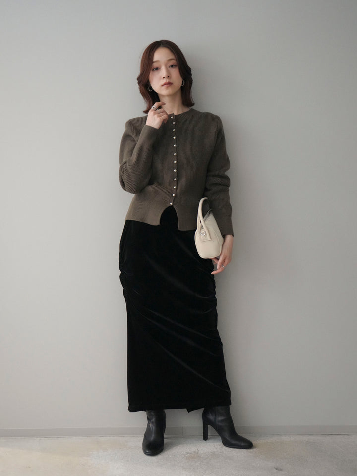 [SET]シルバーボタン畦編みニットカーディガン+ギャザーベロアスカート(2set)