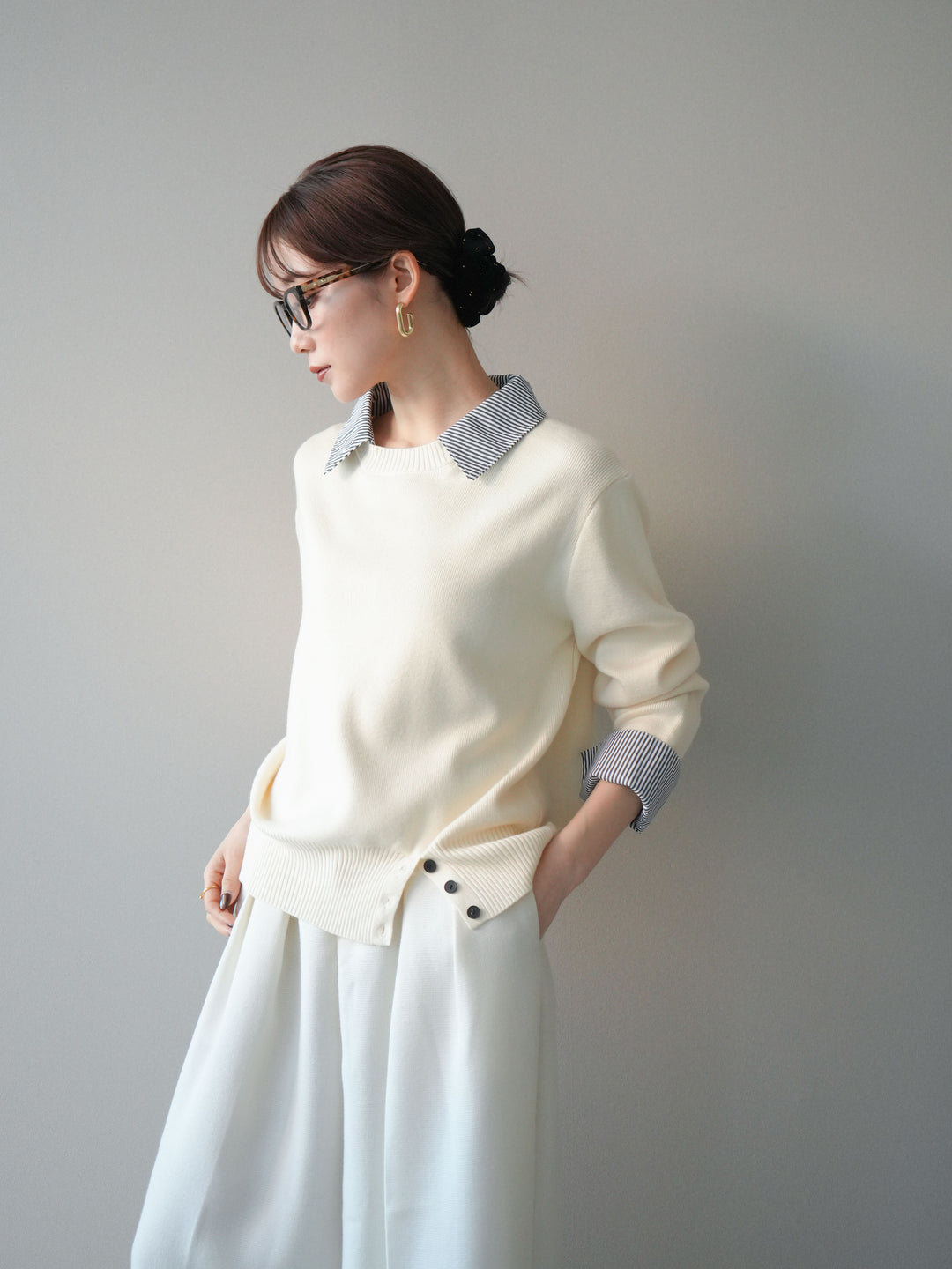 [SET]シャツドッキングデザイン裾ボタンニットプルオーバー+選べるアクセセット(2set)